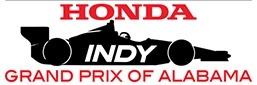 Black silhouette of a racing car with red and black text for the Honda Indy event.