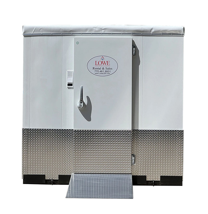 White walk-in cooler with a silver ramp, featuring a door and logo on the front.