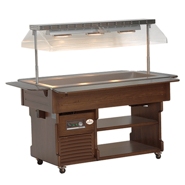 Bain Marie buffet display with a wooden finish and transparent heat lamps above the food tray.