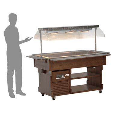 Bain Marie buffet display with a wooden finish and glass canopy, featuring adjustable heating elements.