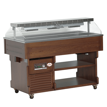 Bain Marie buffet display with a wooden finish and a clear glass cover, featuring two shelves.
