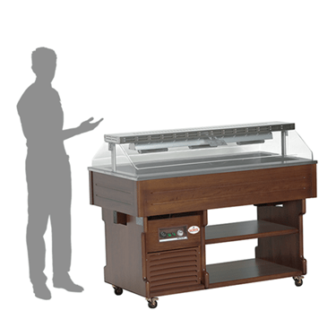 Bain Marie buffet display with a wooden finish and a transparent cover, accompanied by a silhouette.