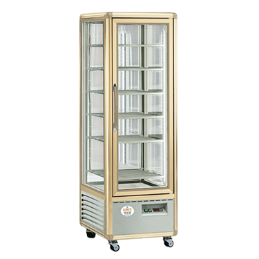 Four-sided fixed shelf freezer with a bronze frame and glass doors, showcasing its interior shelves.