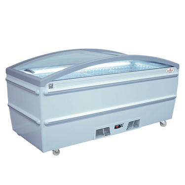 White wall site display freezer with a curved lid and interior lighting, on wheels.