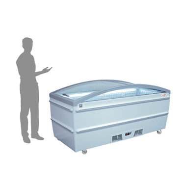 Wall site display freezer in silver, with a silhouette of a person gesturing beside it.