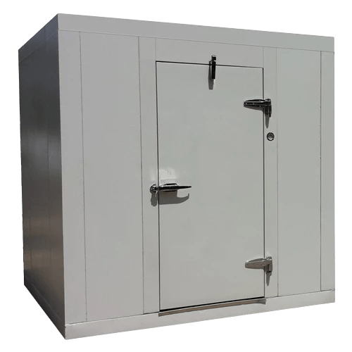 White modular cold room with a secure door, suitable for event rentals and storage.