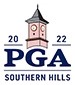 PGA Southern Hills logo featuring a pink clock tower with blue text and a white background.