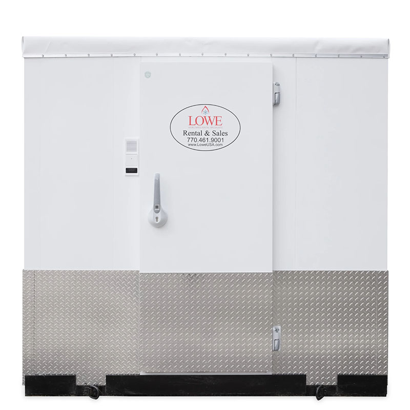White walk-in cooler with a stainless steel base and a single door, labelled