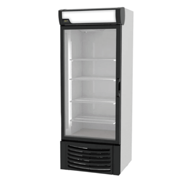 Upright display freezer with a black frame and transparent glass door, featuring multiple shelves inside.