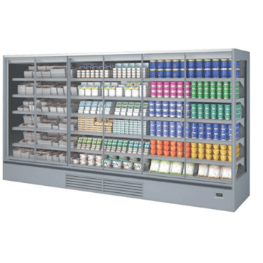 Modular Genova display unit featuring various packaged products in vibrant colours on multiple shelves.