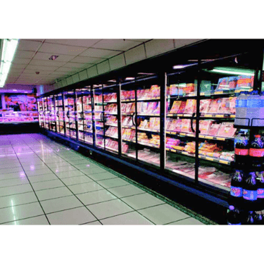 Brightly lit supermarket freezer aisle displaying various packaged food items in vibrant colours.