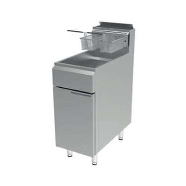 Stainless steel propane fryer with a basket, featuring a sleek, modern design and sturdy legs.