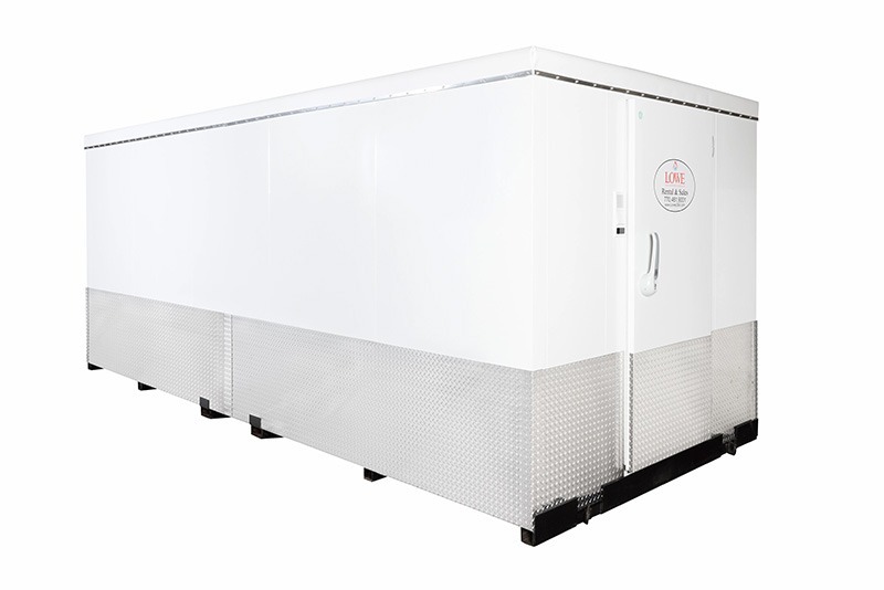 White walk-in cooler with a closed door, featuring a smooth, metallic base and clean lines.