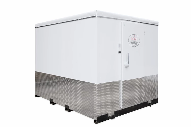 White, ready-built storage unit with a closed door and metallic base, positioned at a 45-degree angle.