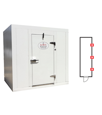 White walk-in cooler/freezer with a door, accompanied by a size diagram on the right.