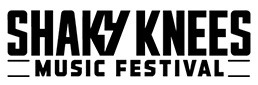 Black logo featuring "Shaky Knees Music Festival" with a lightning bolt design.