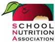 Logo featuring a red apple with a green leaf, representing the School Nutrition Association.