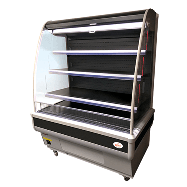 Open front merchandiser with a sleek silver frame and black shelves, designed for product display.