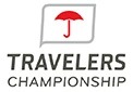 Red umbrella logo for the Travelers Championship, featuring bold black text on a white background.