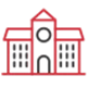 Red and black stylised illustration of a university building with an arched entrance.