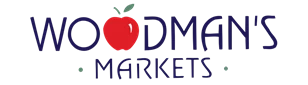 Red apple icon above the text "Woodman's Markets" in bold blue lettering.
